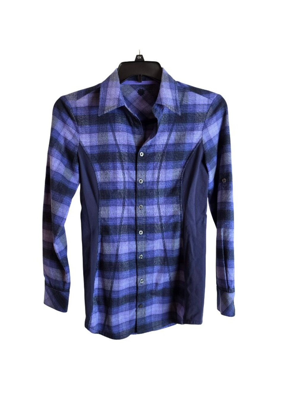 Athleta Fin Creek Plaid Button Front Shirt Women Size M Blue Stretch Roll Tab
